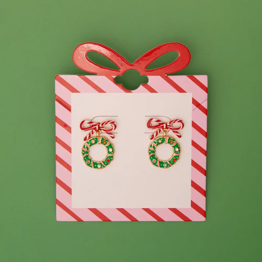 Christmas Wreath Bow Enamel Post Earrings