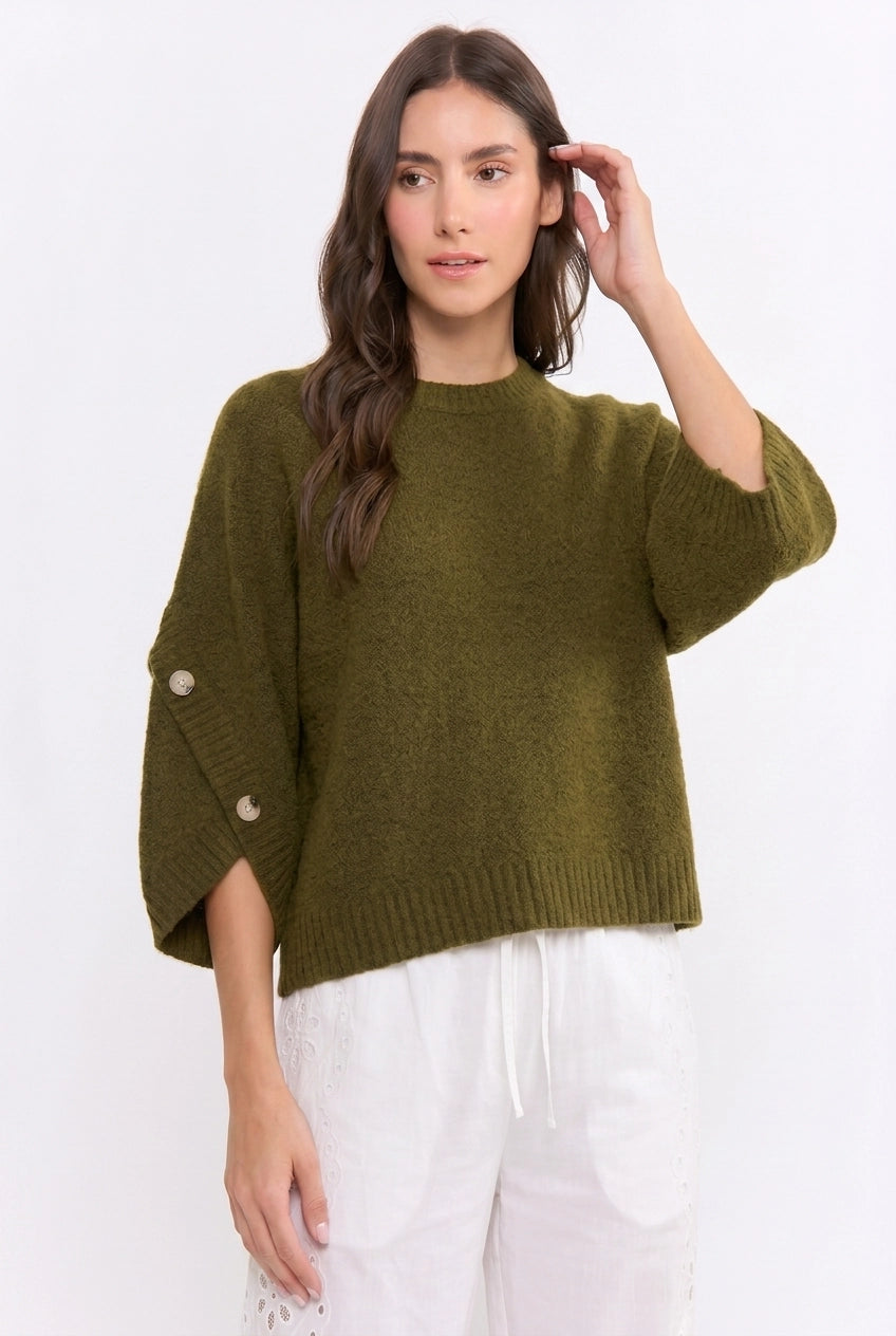 Button Sleeve Knit Pullover-Olive