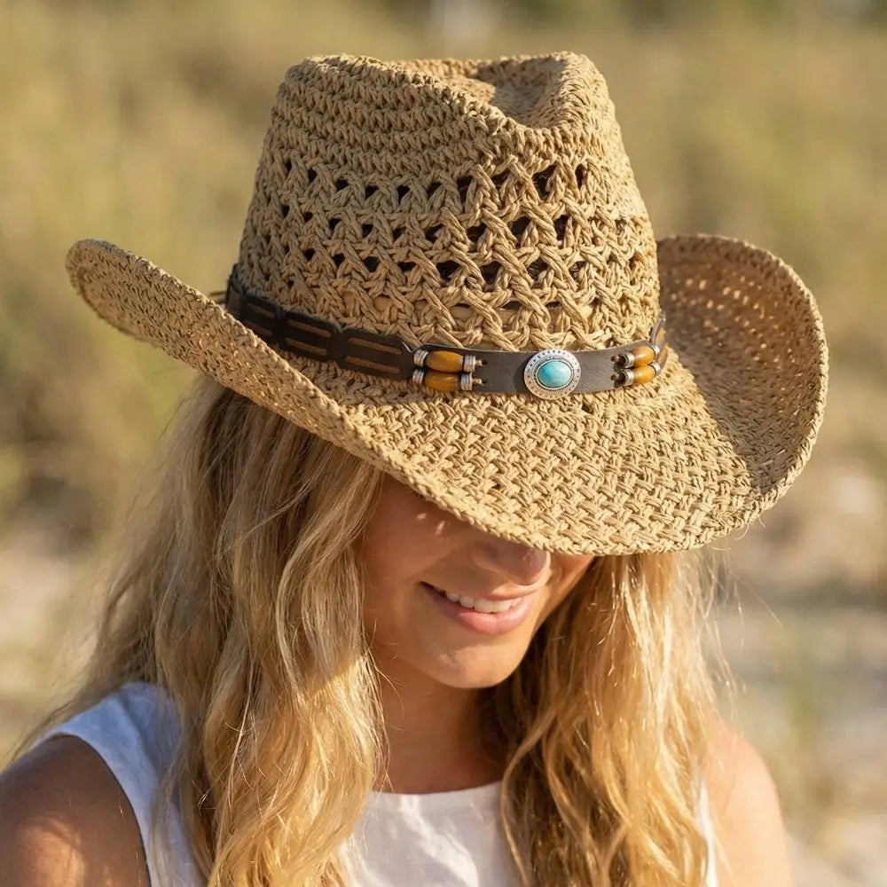Straw Weave Leather Strap Cowboy Hat