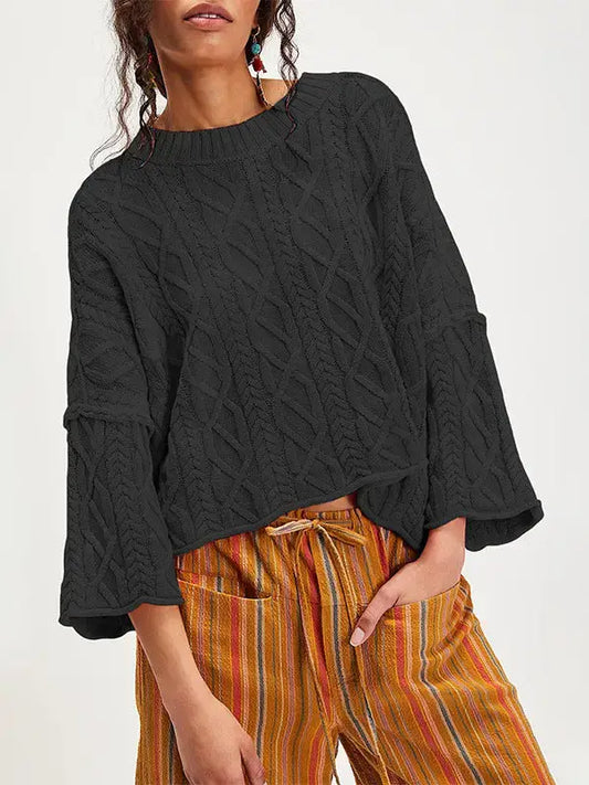 Cropped Cable Knit Sweater with Bell Sleeves-Black