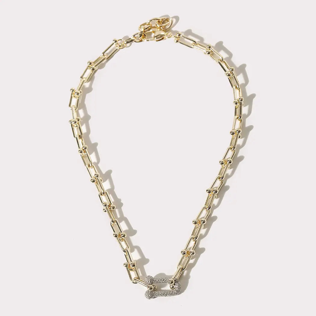 Two Tone Hardware Cz Pave Link Necklace