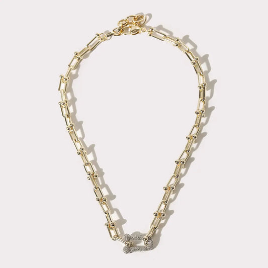 Two Tone Hardware Cz Pave Link Necklace
