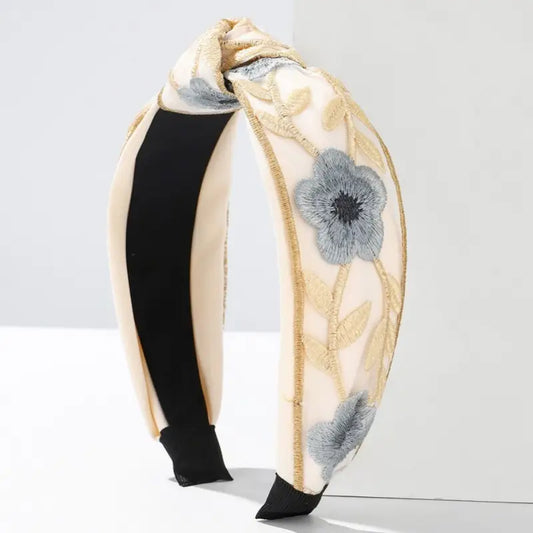 Floral Cottagecore Embroidery Headband-White with Blue Flower