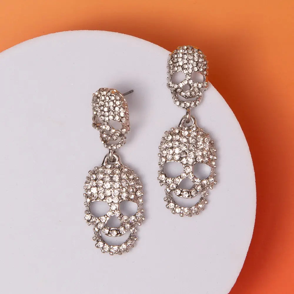 Halloween Two-Tier Crystal Pavé Skull Post Dangle Earrings-Silver