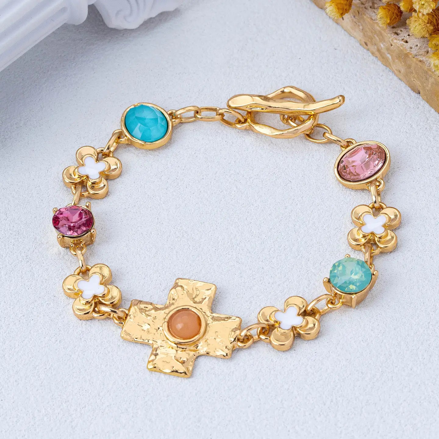 Floral Cross & Gemstone Charm Bracelet