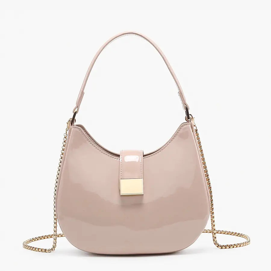 Malta Shaped Crossbody/Saddle Bag w/ Chain-Beige
