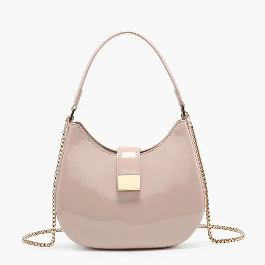 Malta Shaped Crossbody/Saddle Bag w/ Chain-Beige