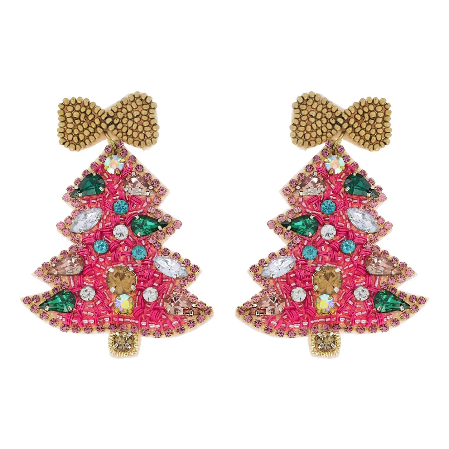 Jeweled Christmas Tree Beaded Embroidery Earrings-Pink