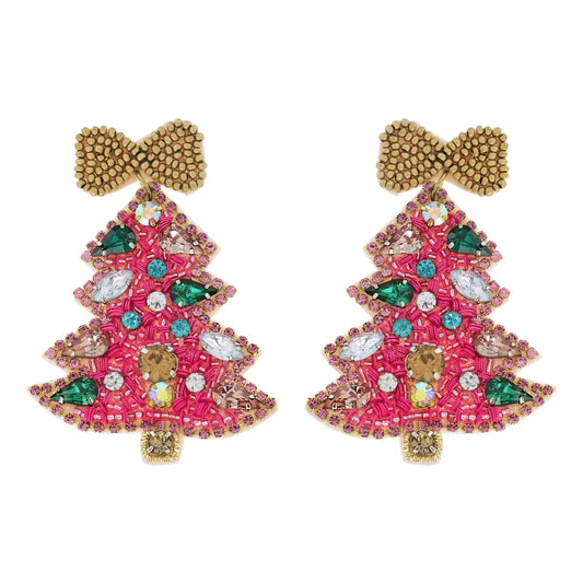 Jeweled Christmas Tree Beaded Embroidery Earrings-Pink