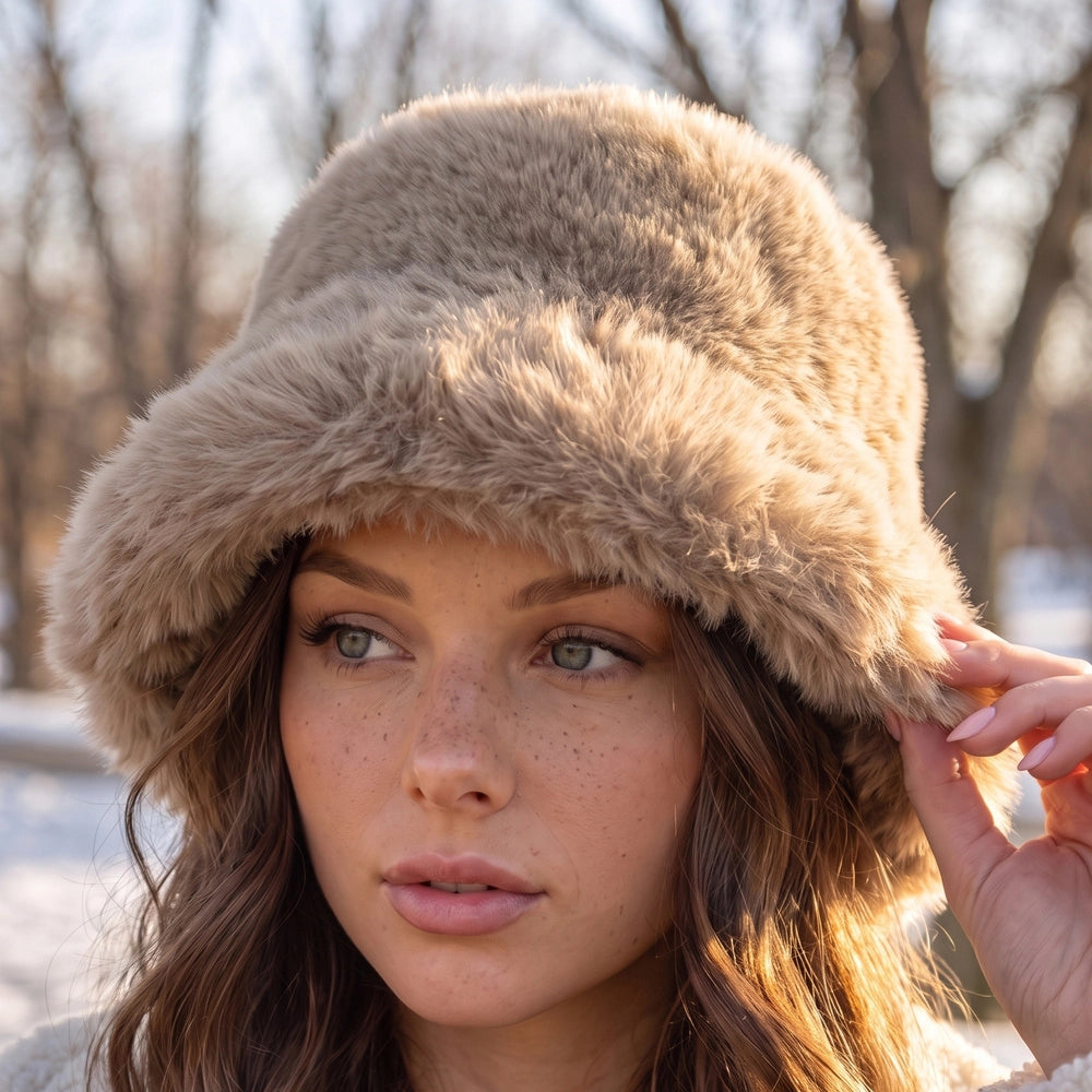Fluffy Plush Fur Bucket Hat-Coffee
