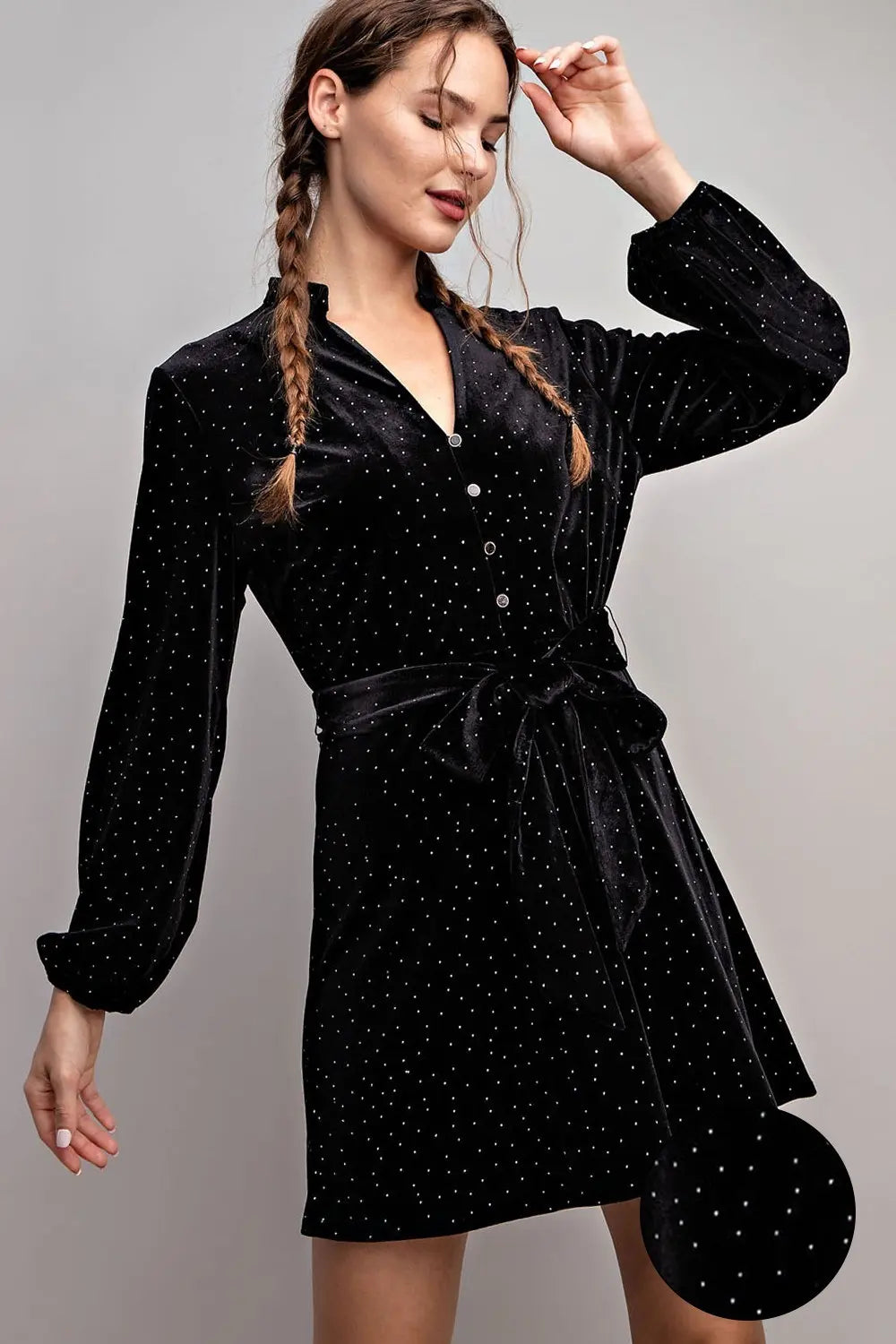 Chandler Rhinestone Tie Waist Dress-Black