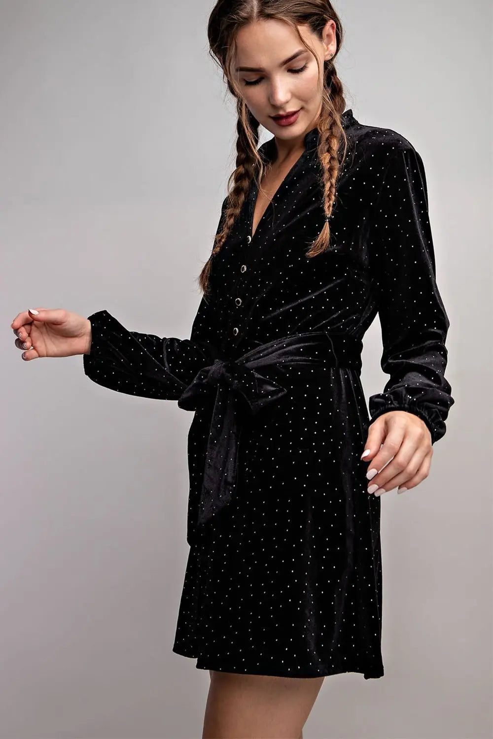 Chandler Rhinestone Tie Waist Dress-Black