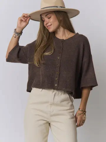 Boxy 3/4 Sleeve Button Front Sweater Top -BROWN