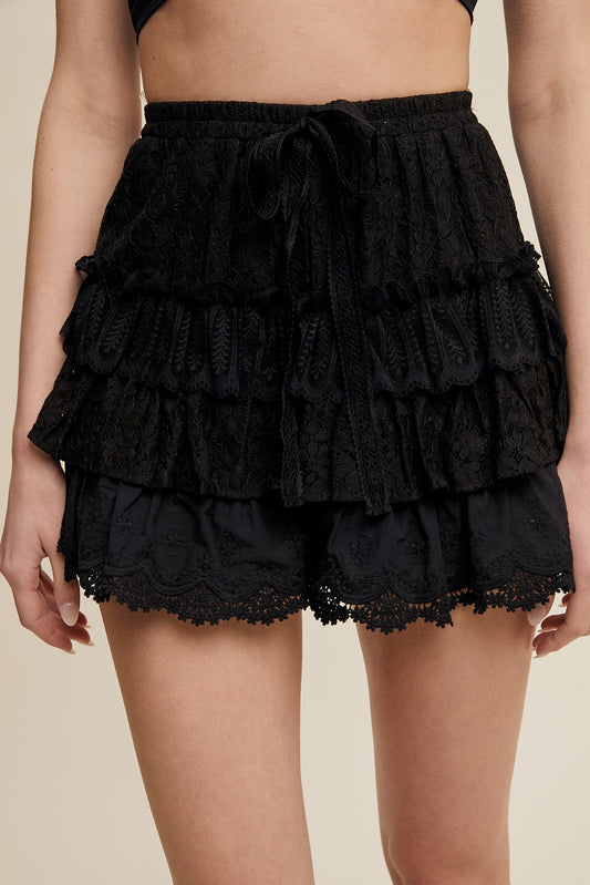 Lace Tiered Shorts with Ruffle Details-Black