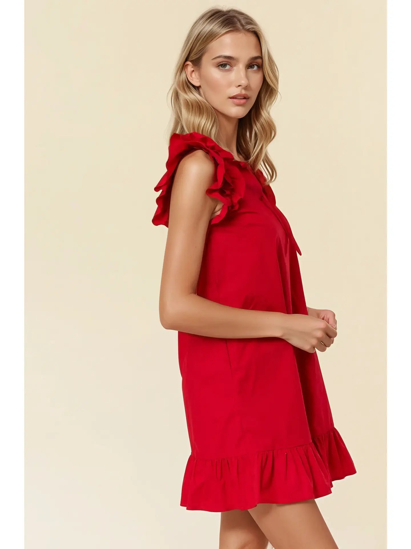 Cotton Poplin V-Neck Mini Dress W/Side Pockets -Apple