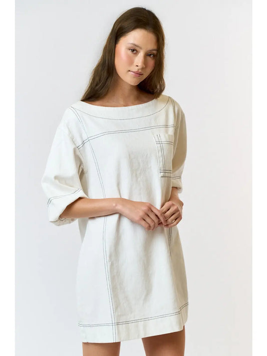 Denim Mini Dress with Boat Sleeves and Puff Sleeves-Off White