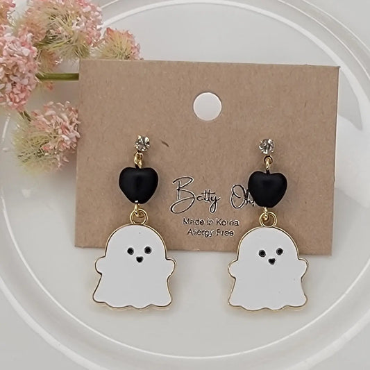 Ghost with Black Heart Dangle Earrings