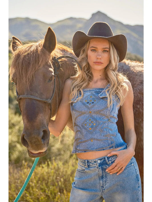 Western Buckle Strap Embroidered Denim Top