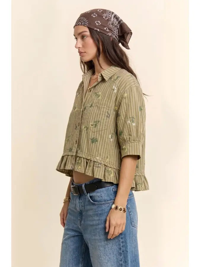 Lia Floral Striped Ruffle Cropped Top-Olive&Mustard