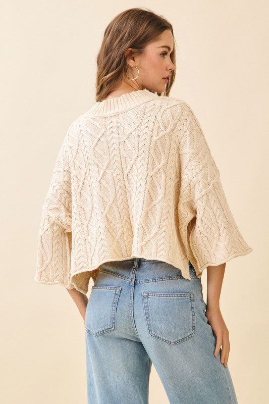 Chunky Ribbed Mock Neck Crop Cable Knit Sweater-Cream