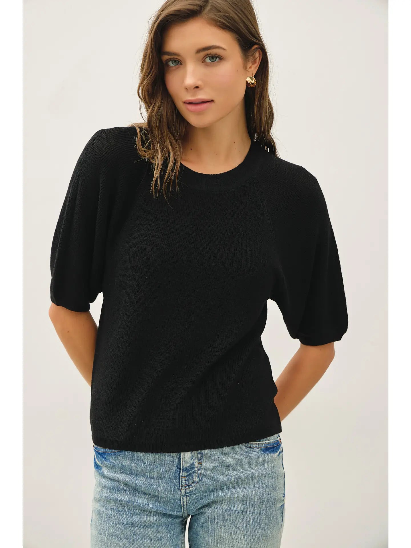 Knit Raglan Short Sleeve Sweater Top-Black