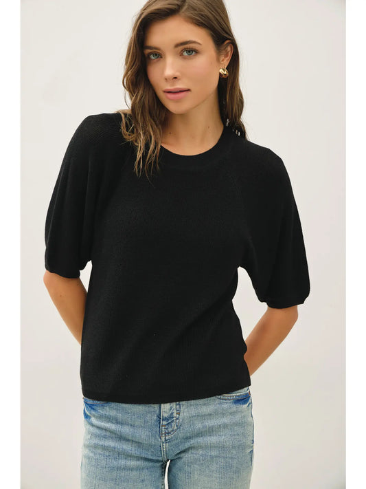 Knit Raglan Short Sleeve Sweater Top-Black