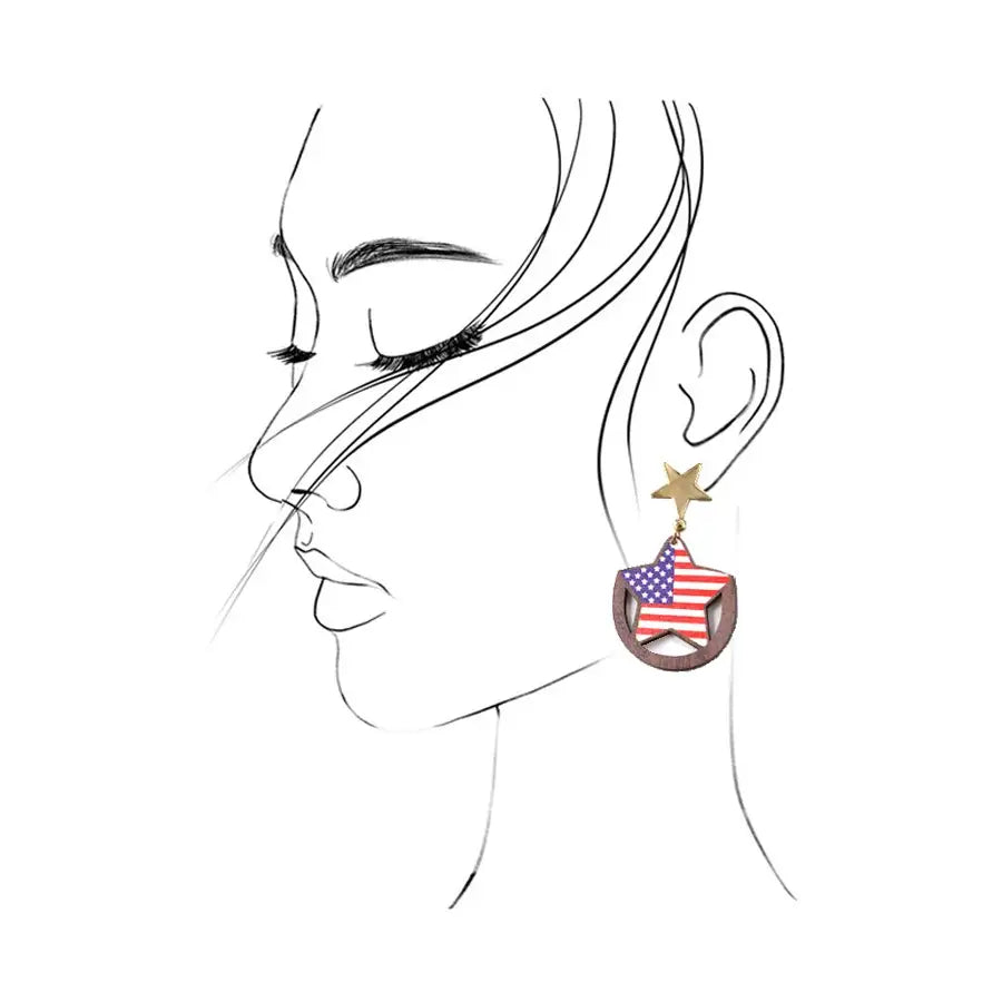 4TH of July USA Flag Star Wood Drop Earrings