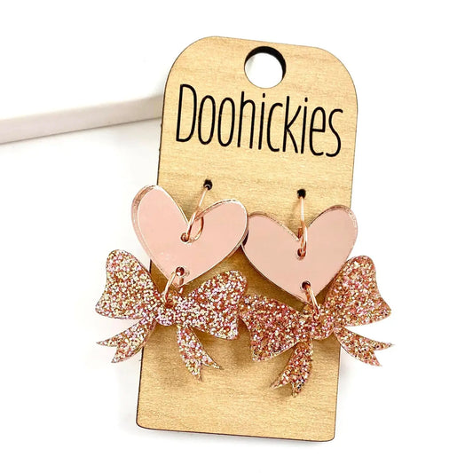 Rose Gold Hearts N' Bows Acrylic Valentines Dangle Earrings