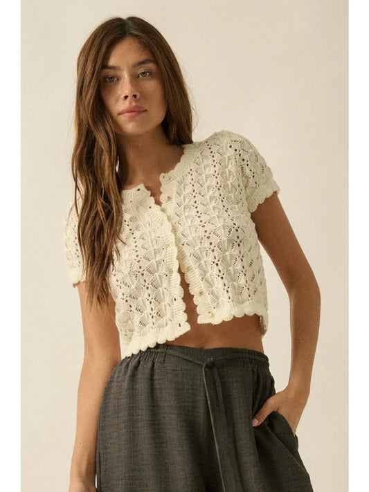 Pointelle Crochet-Knit Buttoned Short Sleeve Cardigan Top-Cream