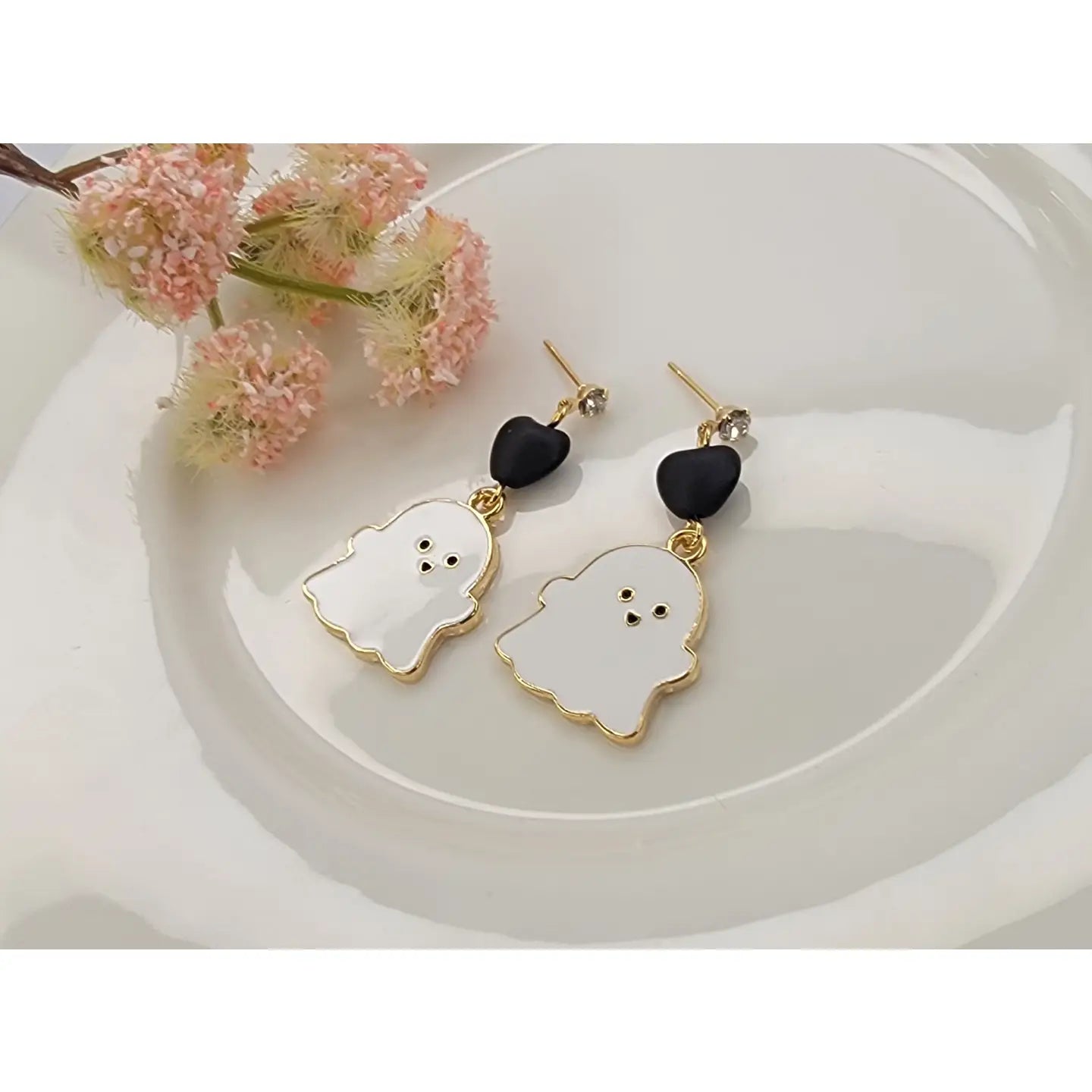 Ghost with Black Heart Dangle Earrings
