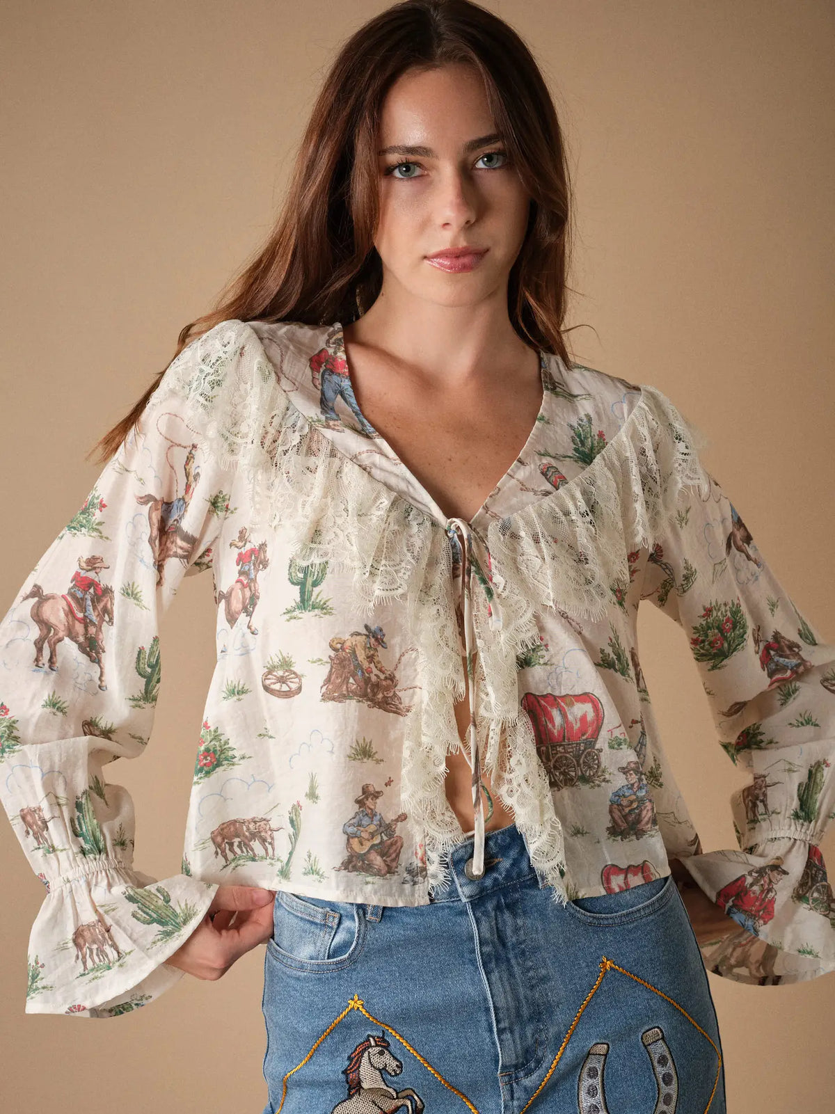 Western Lace-Trim Printed Blouse