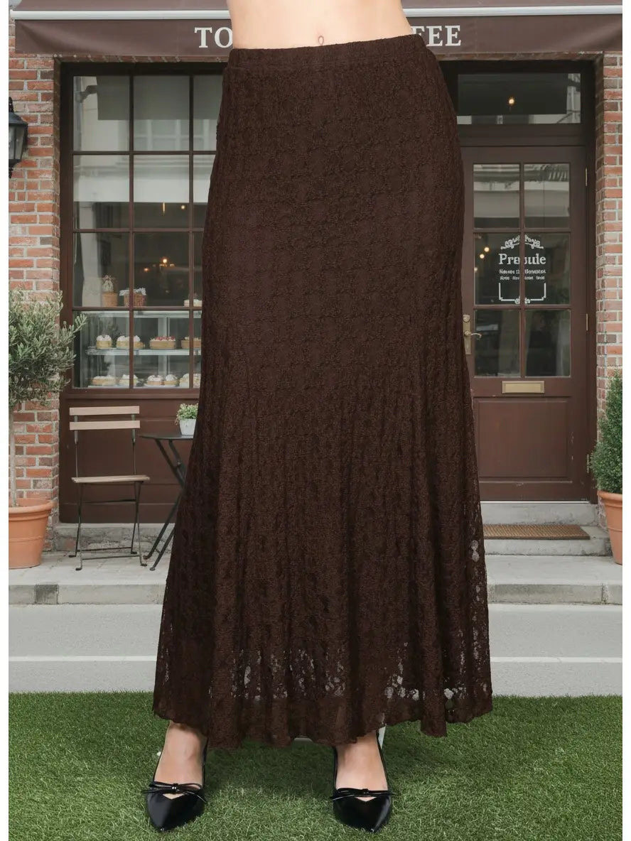 Floral Stretch Lace Flattering Silhouette Maxi Skirt-Brown