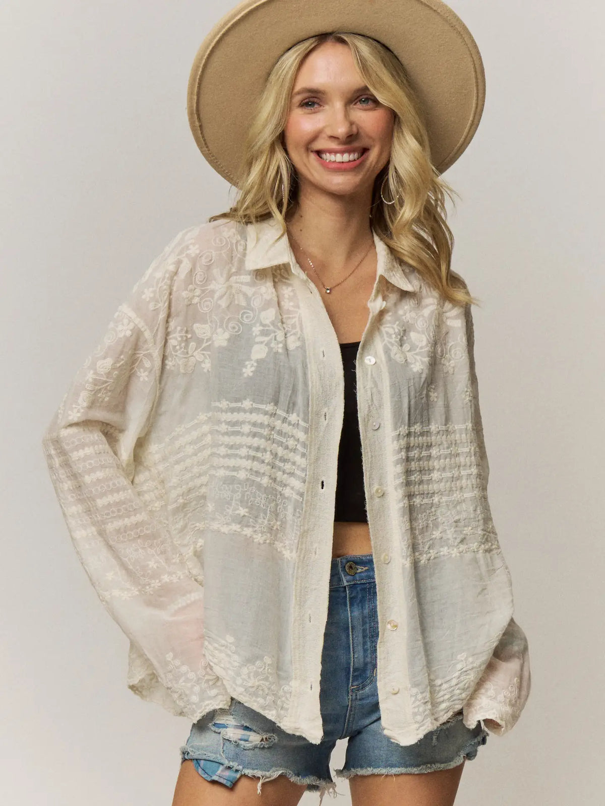 Embroidered Sheer Button-Down Blouse-Beige