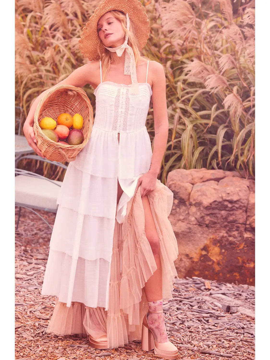 Solid Tiered Ruffle Corset Layering Maxi Top-Off White