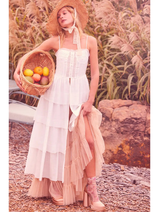 Solid Tiered Ruffle Corset Layering Maxi Top-Off White