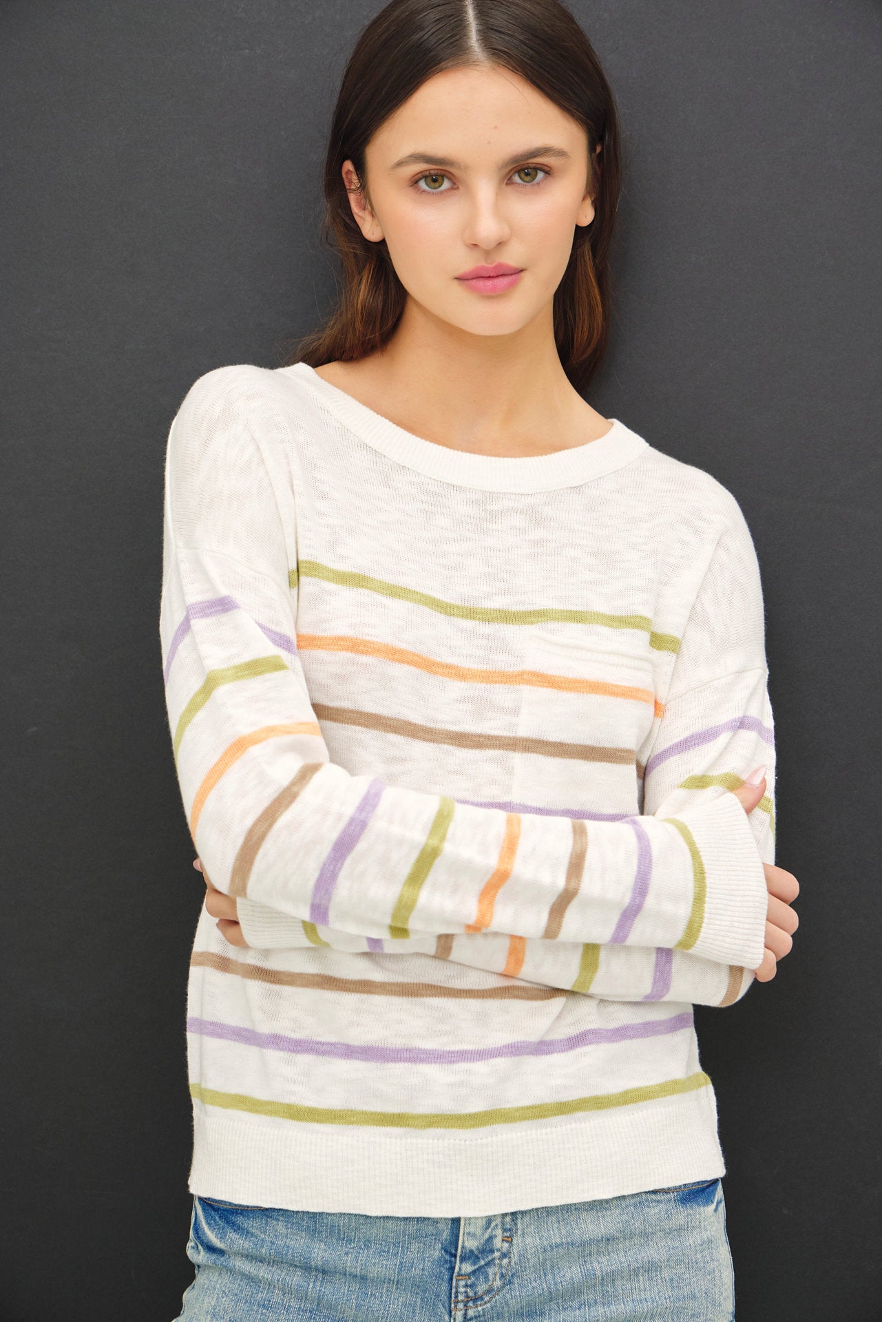 Multi Color Slub Sweater Top-Tangerine