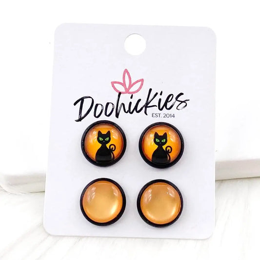 12mm Moonlight Cats & Orange Cat Eye in Black Settings - Halloween Earrings
