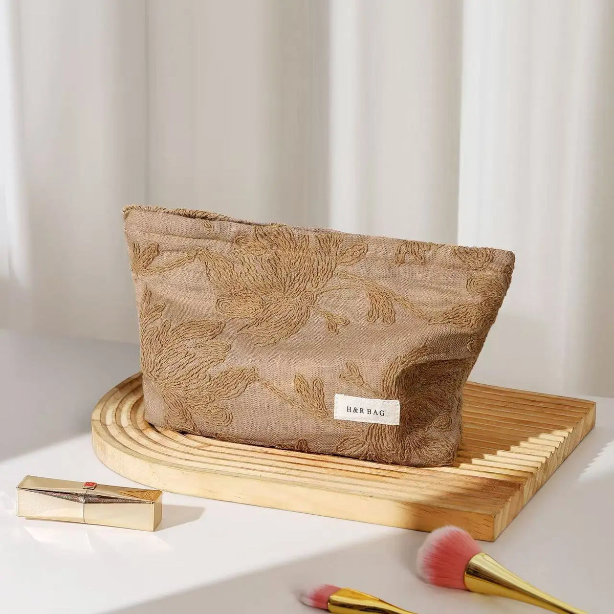 Cute Floral Embroidery Portable Cosmetic Bag-Large Brown