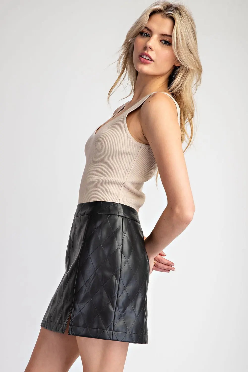 Betty Quilted Pleather Mini Skirt-Black