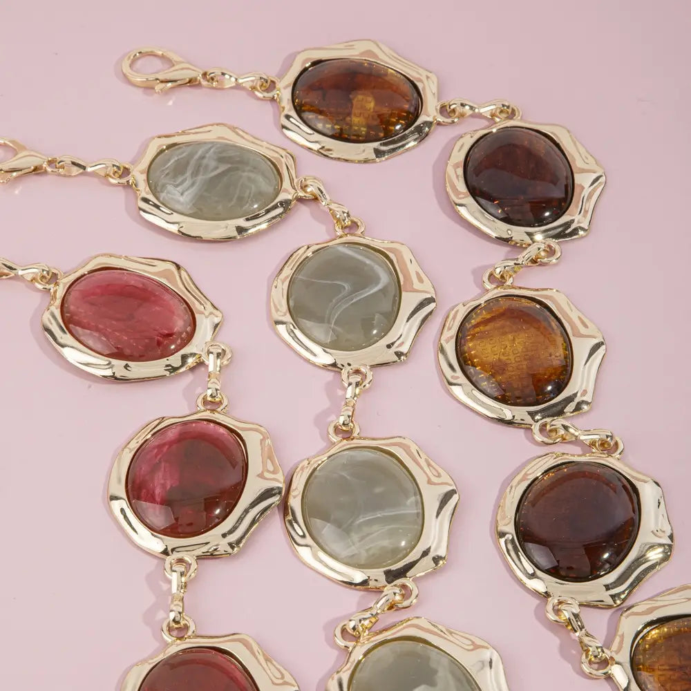 Glossy Oval Cabochon Stone Chain Belt-Dark Brown