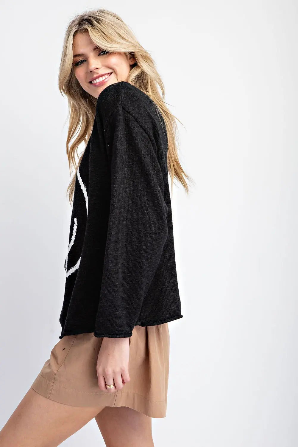 Smiley Face Long Sleeve Sweater Top-Black