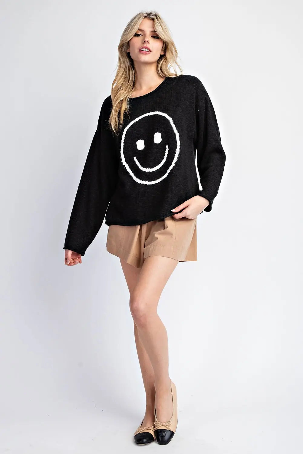 Smiley Face Long Sleeve Sweater Top-Black