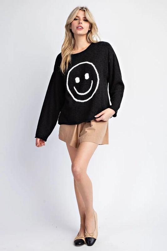 Smiley Face Long Sleeve Sweater Top-Black