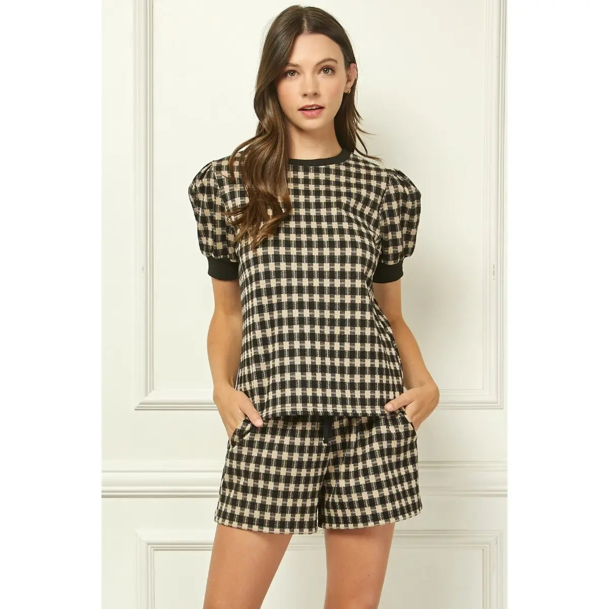Checker Knit Puff Sleeve Top