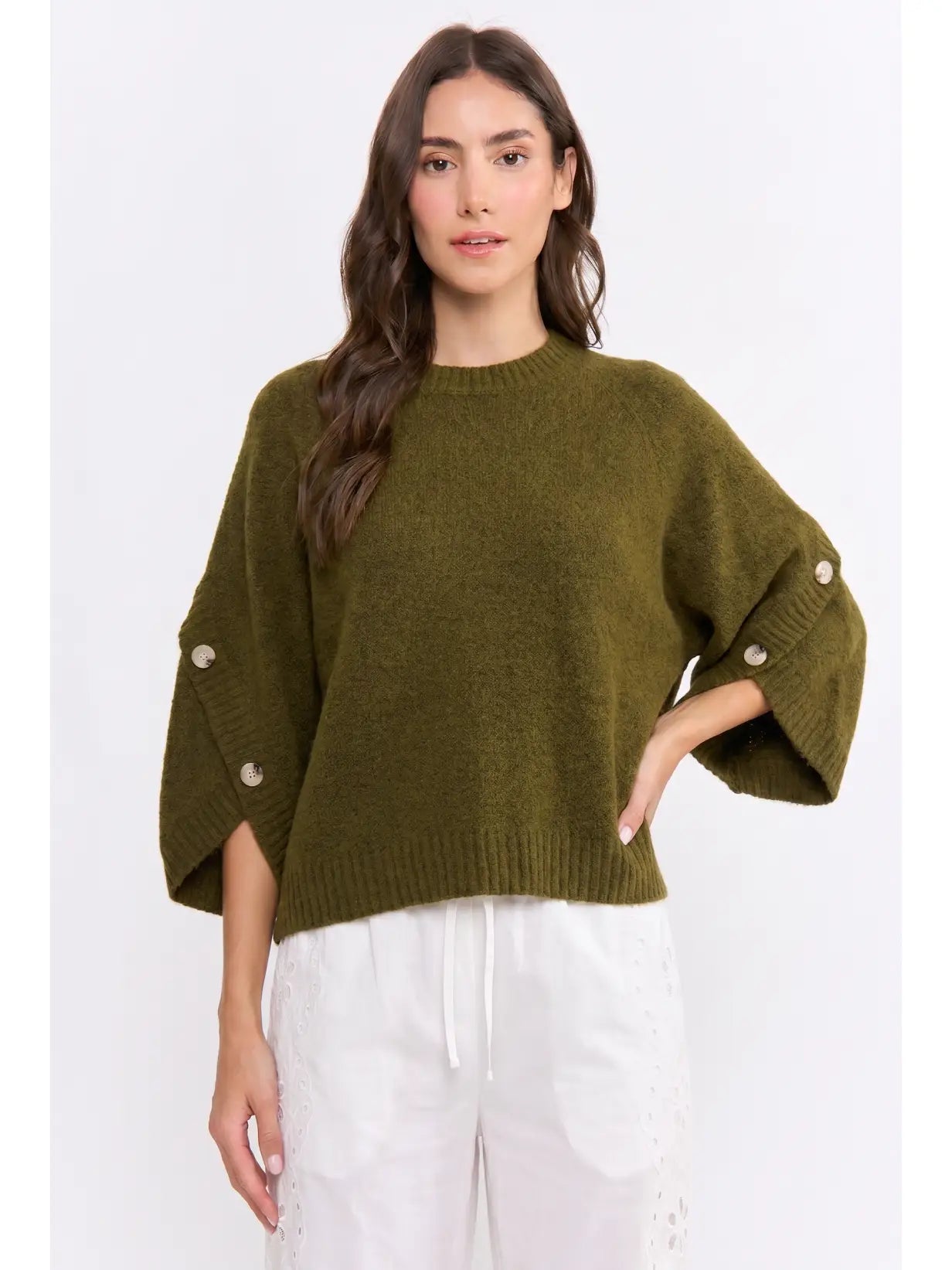 Button Sleeve Knit Pullover-Olive