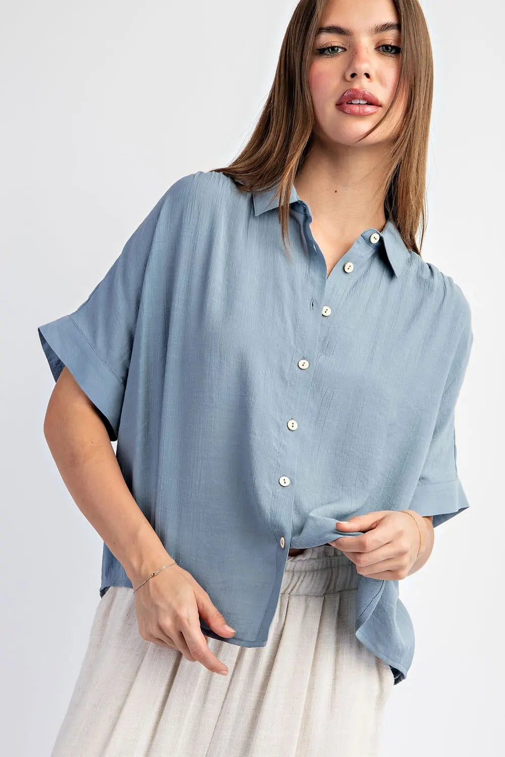 Kiran Solid Short Sleeve Button Down Top-Ice Blue