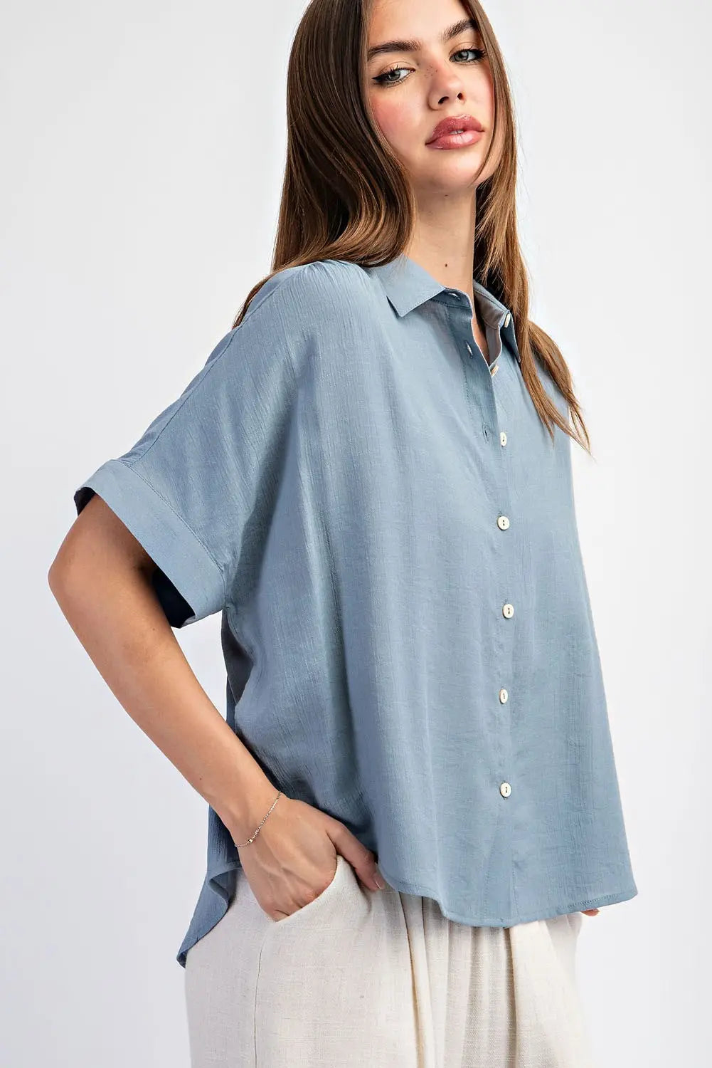 Kiran Solid Short Sleeve Button Down Top-Ice Blue