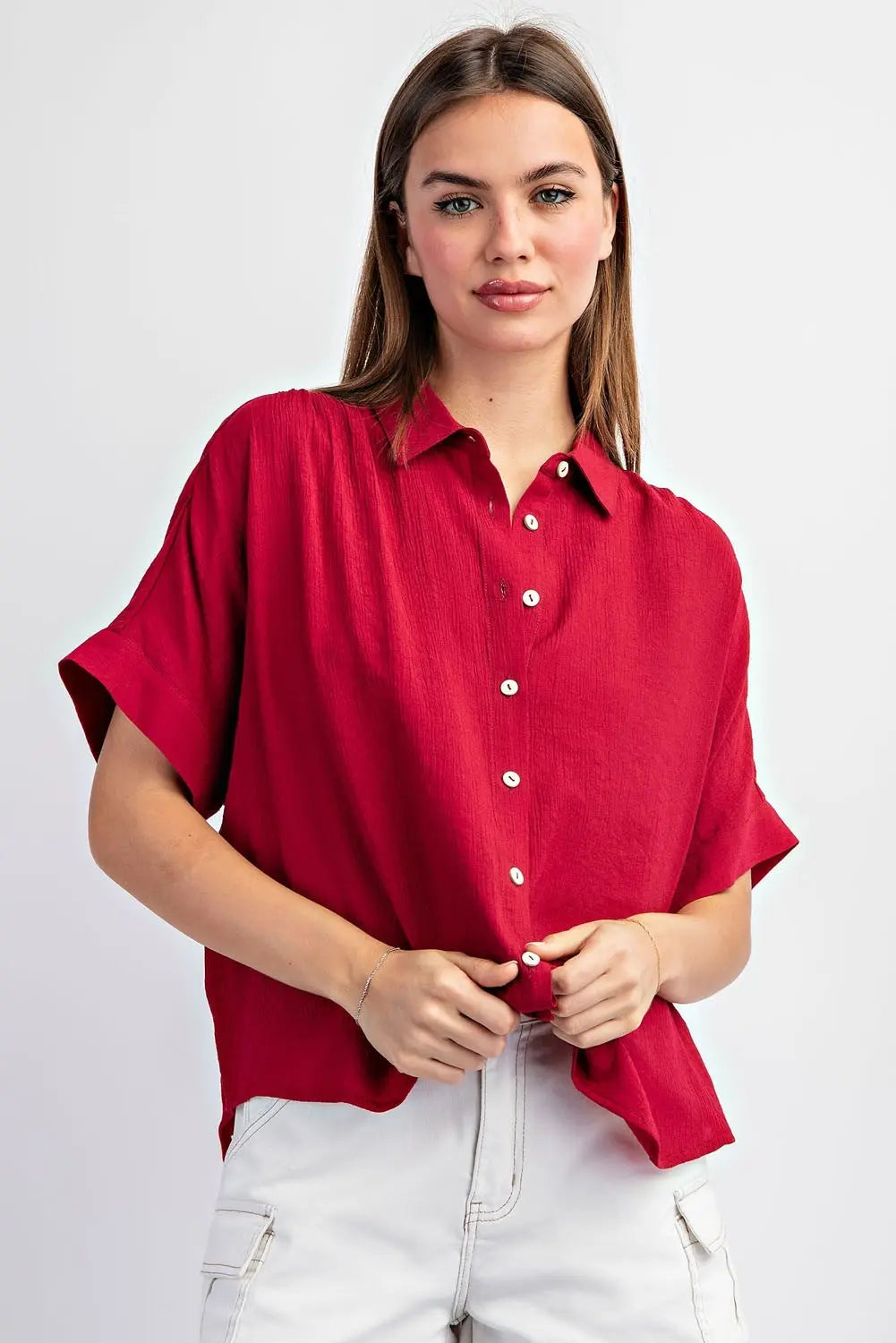 Kiran Solid Short Sleeve Button Down Top-Lipstick