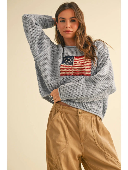 Flag Knitted Sweater Top-Blue Gray