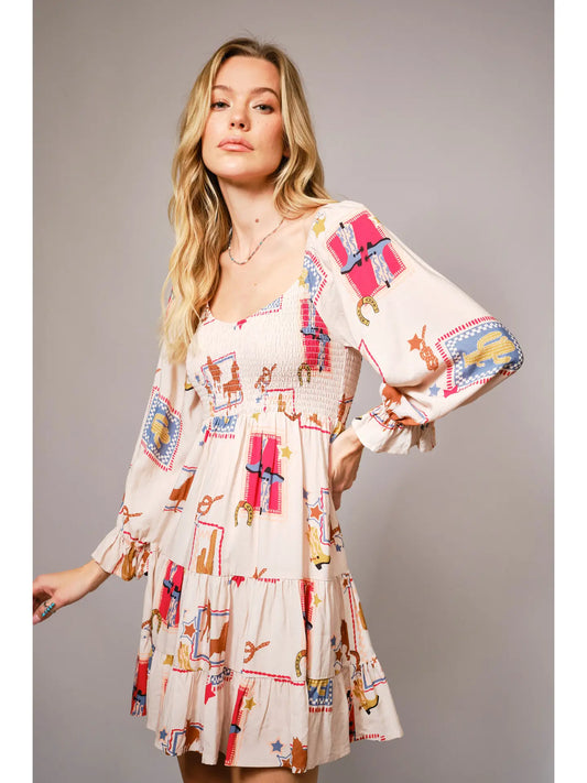 Sanded Rayon Western Motif Smocked Minidress